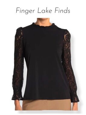 Adrianna Papell Black Ruffle Neck Lace Sleeve Blouse